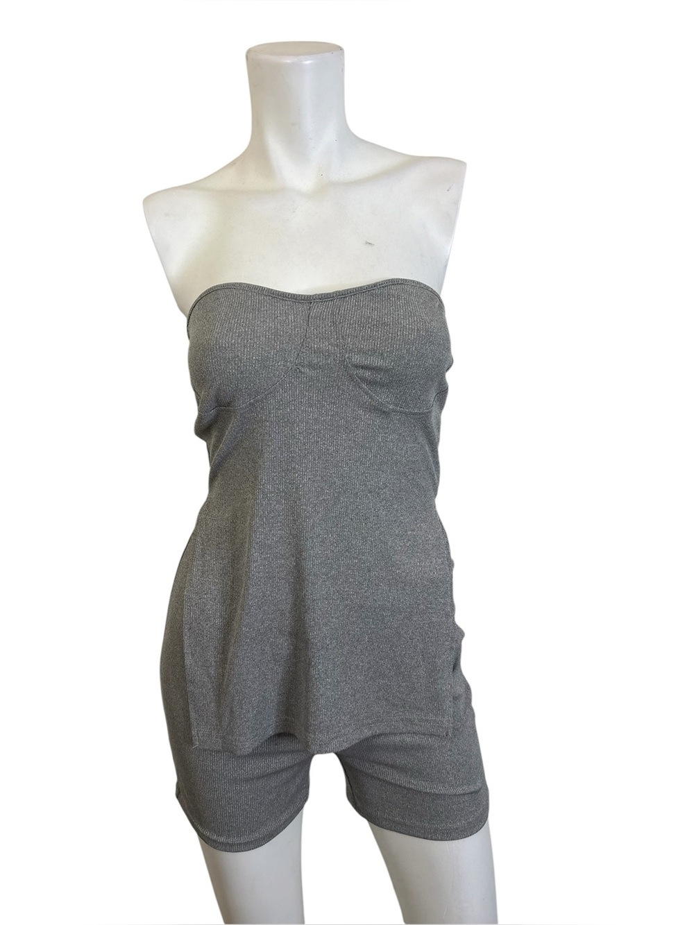 Gray Strapless Ribbed Two-Piece Set - Picture 2 of 3